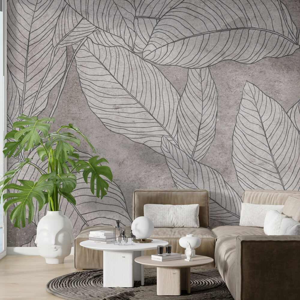 Line Leaf Plaster Wallpaper : Grey Concrete Botanical Mural - View 5