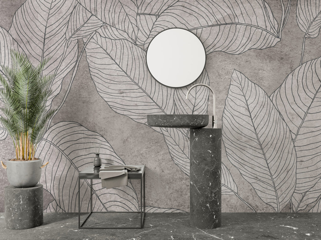 Line Leaf Plaster Wallpaper : Grey Concrete Botanical Mural - View 6