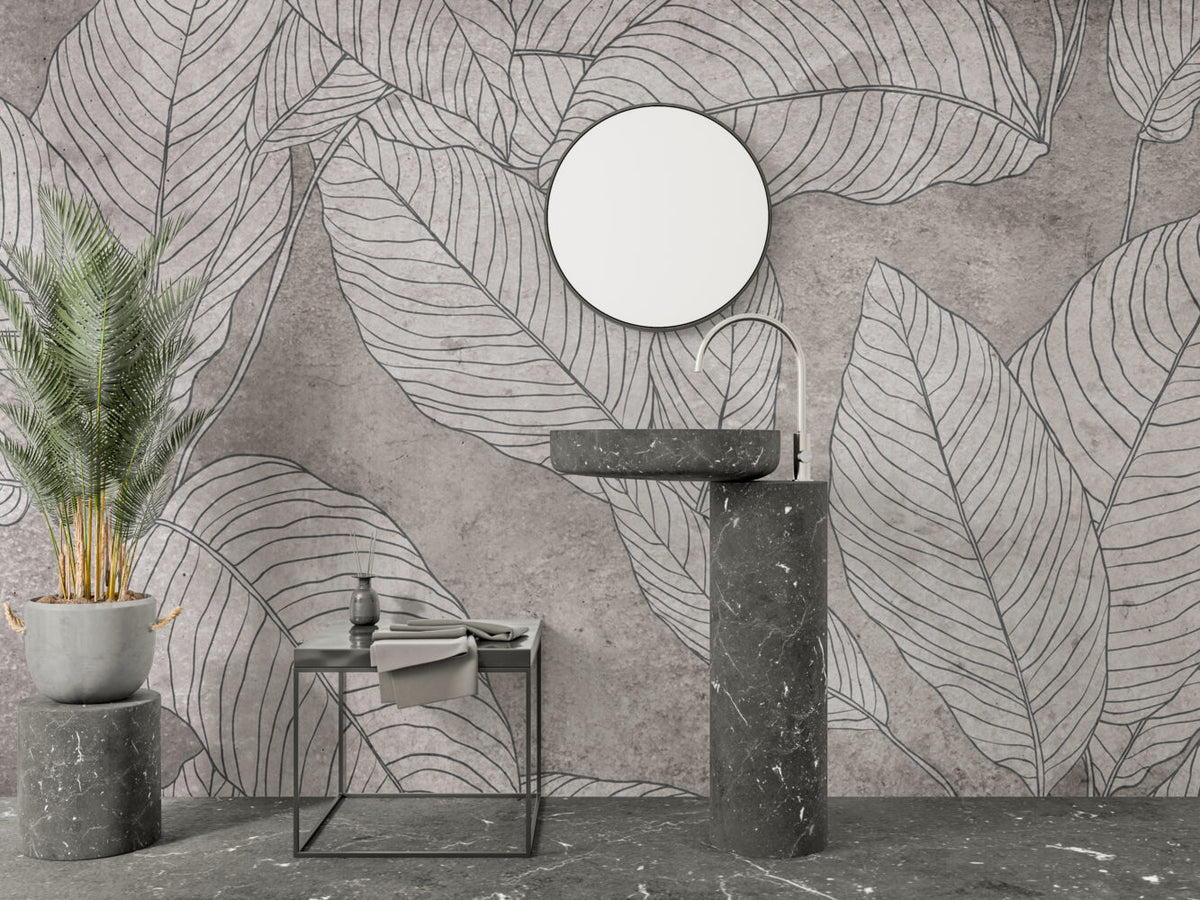 Line Leaf Plaster Wallpaper : Grey Concrete Botanical Mural - View 6