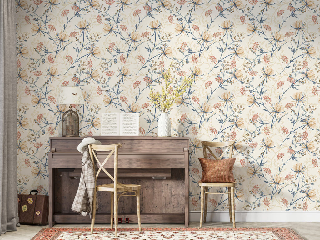 Wildflower Sprig Wallpaper : Cream Meadow Floral Mural - View 5