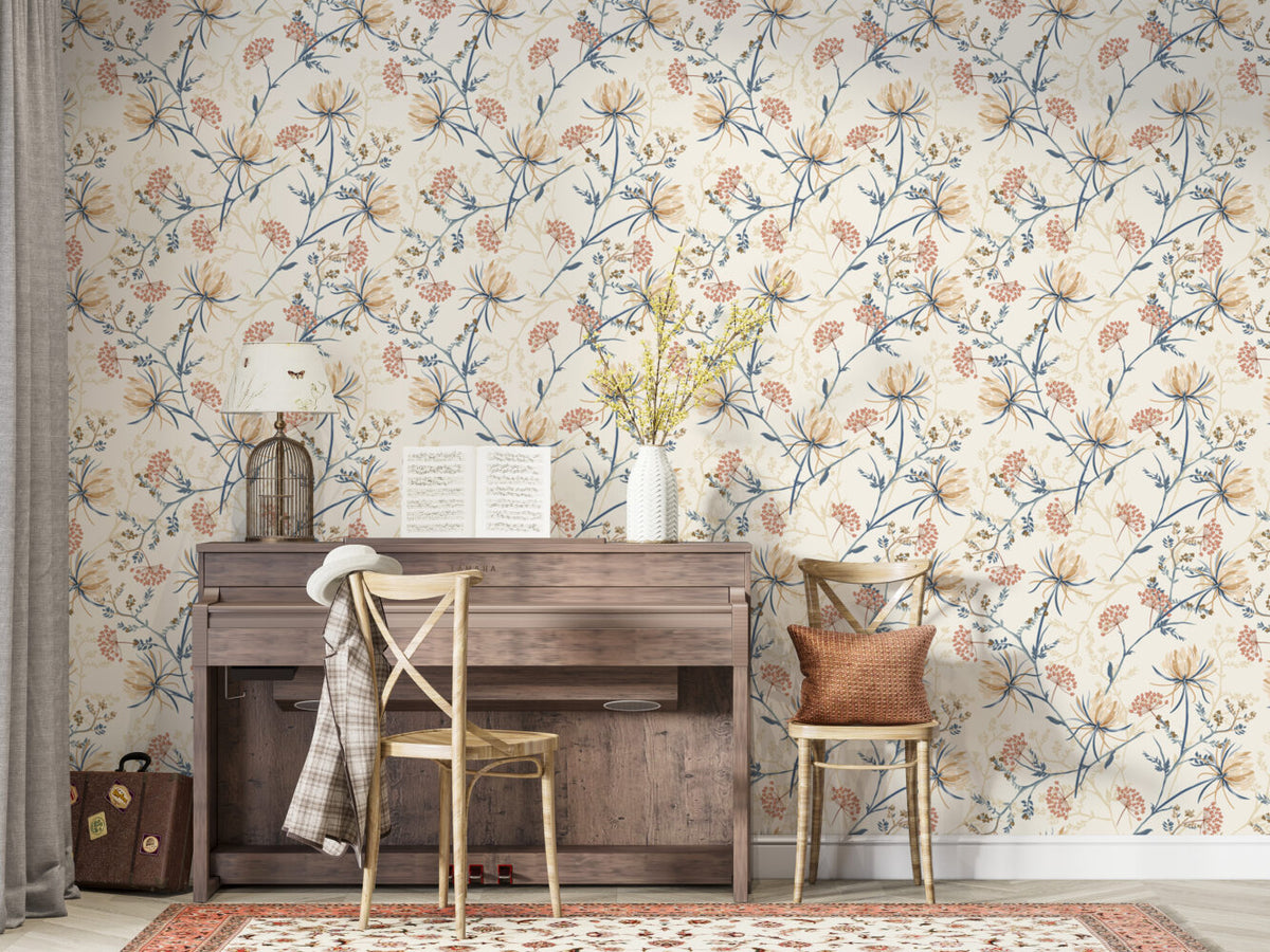 Wildflower Sprig Wallpaper : Cream Meadow Floral Mural - View 5