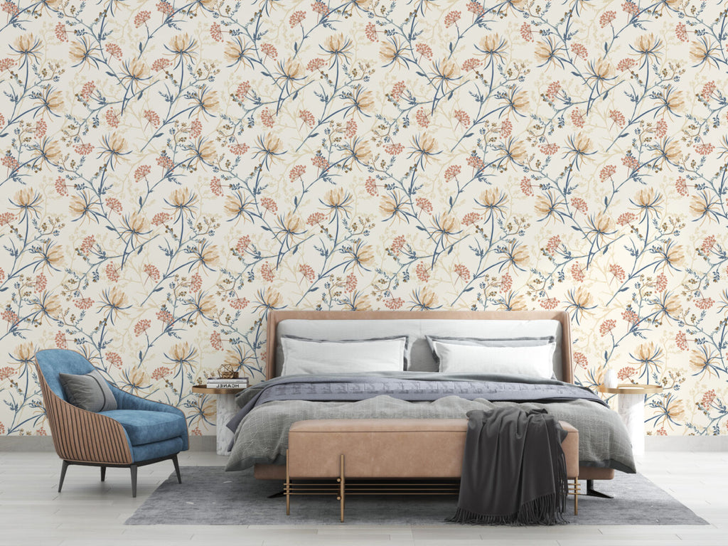 Wildflower Sprig Wallpaper : Cream Meadow Floral Mural - View 6