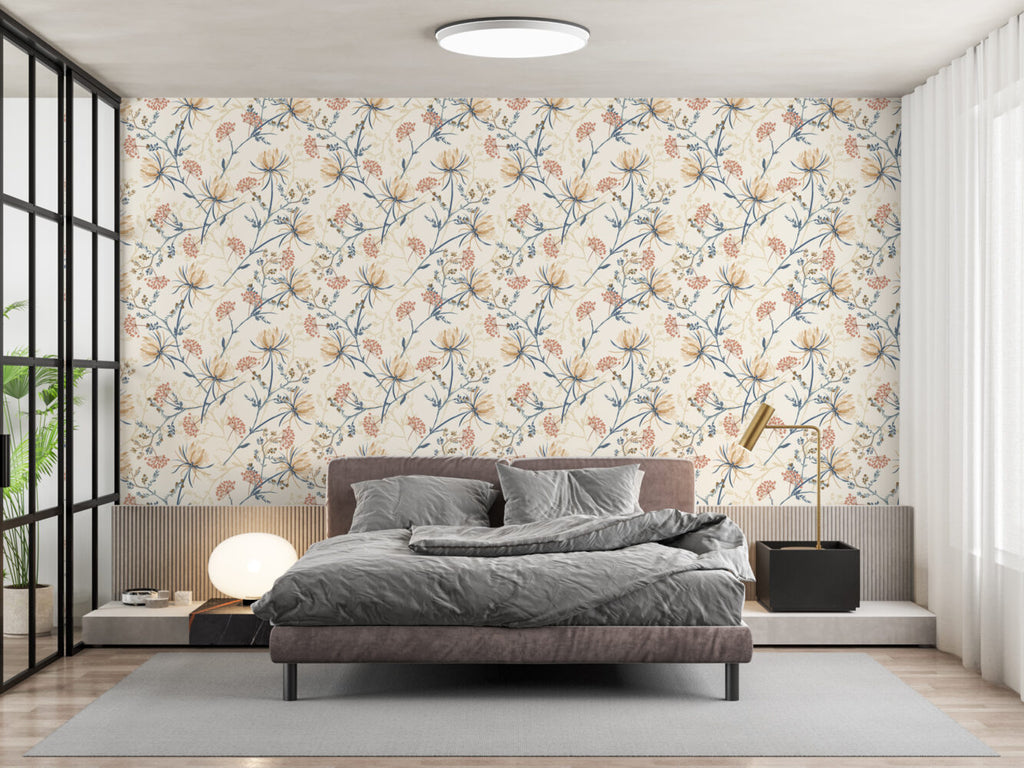Wildflower Sprig Wallpaper : Cream Meadow Floral Mural - View 3