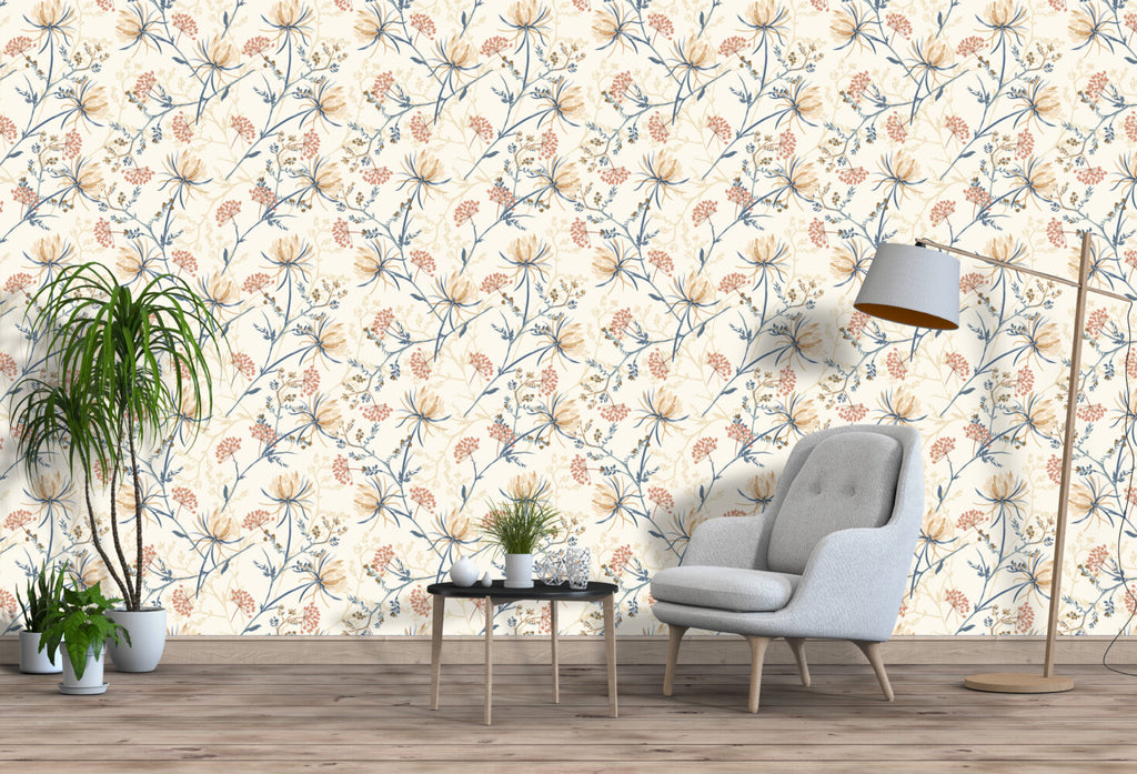 Wildflower Sprig Wallpaper : Cream Meadow Floral Mural - View 4