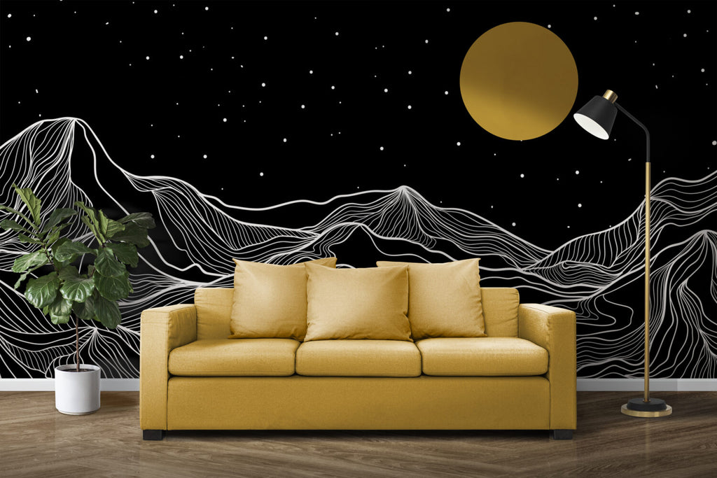 Black And White Mountain Wallpaper : Line Art Night Sky Mural - View 3