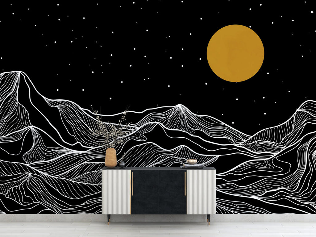 Black And White Mountain Wallpaper : Line Art Night Sky Mural - View 4