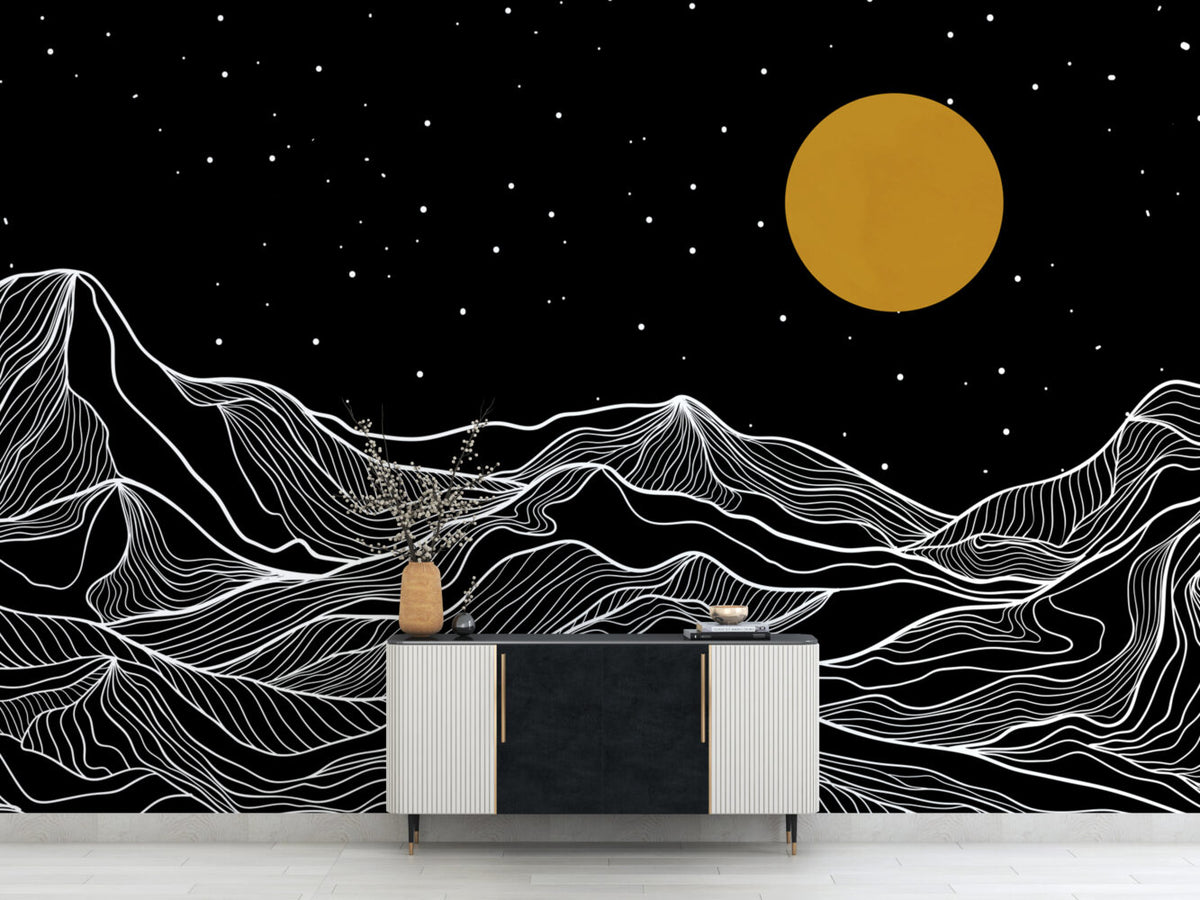 Black And White Mountain Wallpaper : Line Art Night Sky Mural - View 4