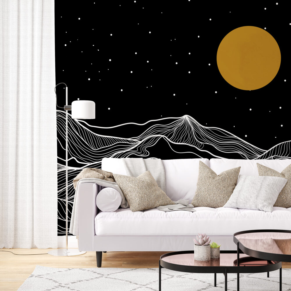 Black And White Mountain Wallpaper : Line Art Night Sky Mural - View 5