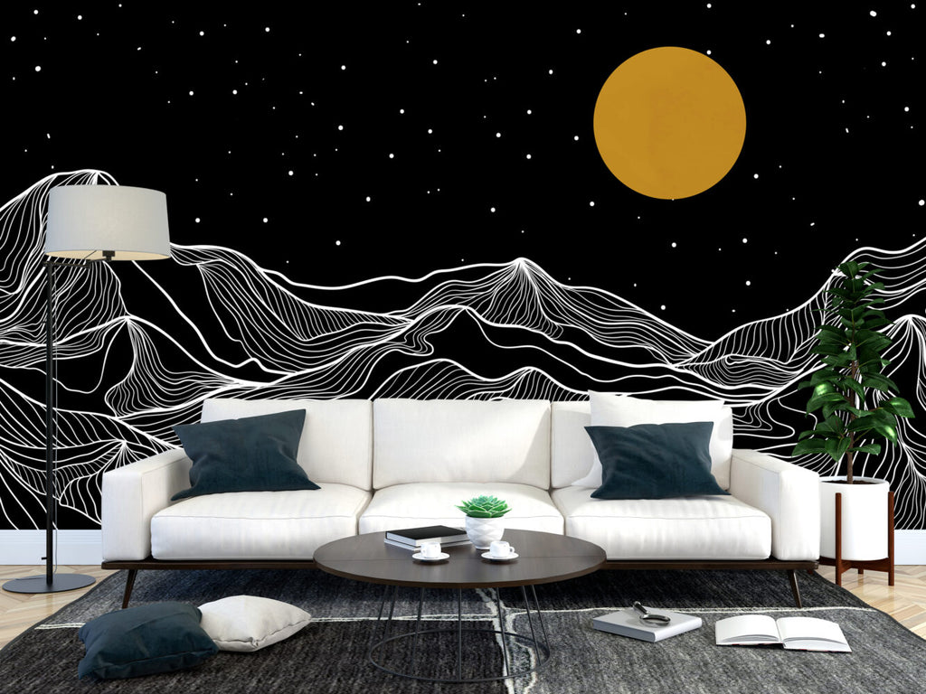 Black And White Mountain Wallpaper : Line Art Night Sky Mural
