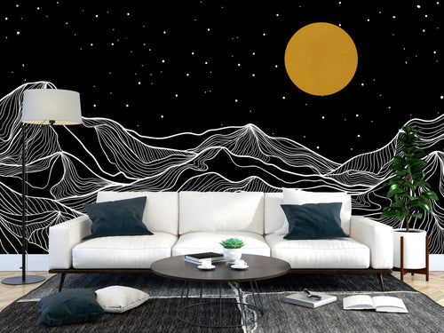 Black And White Mountain Wallpaper : Line Art Night Sky Mural