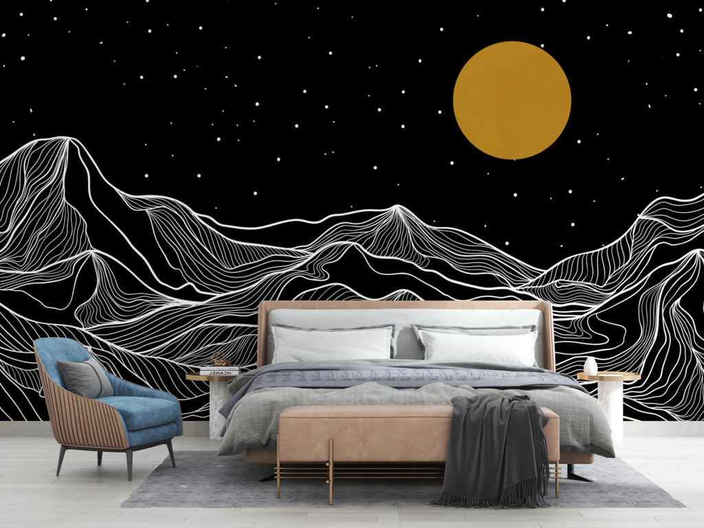 Black And White Mountain Wallpaper : Line Art Night Sky Mural - View 6
