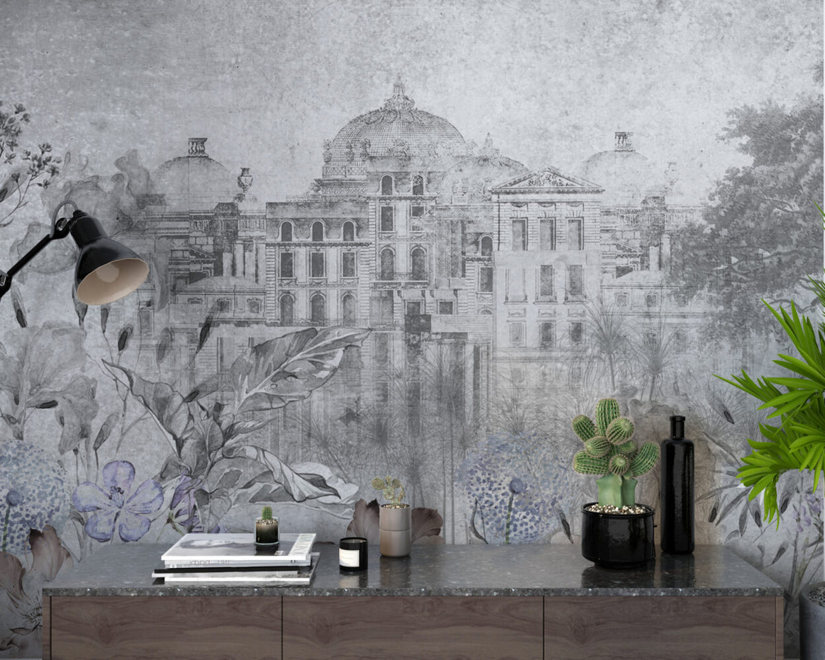 Faded Palace Garden Wallpaper : Grey Vintage Architecture Mural - View 6
