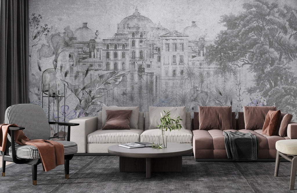 Faded Palace Garden Wallpaper : Grey Vintage Architecture Mural