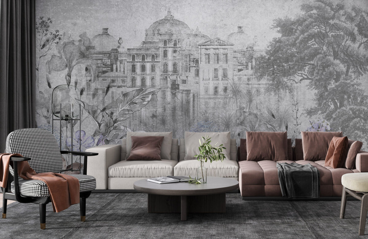 Faded Palace Garden Wallpaper : Grey Vintage Architecture Mural
