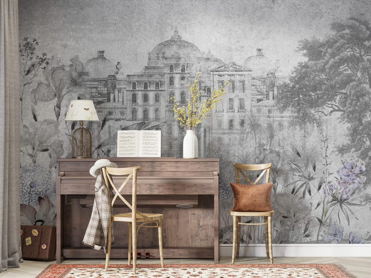 Faded Palace Garden Wallpaper : Grey Vintage Architecture Mural - View 4