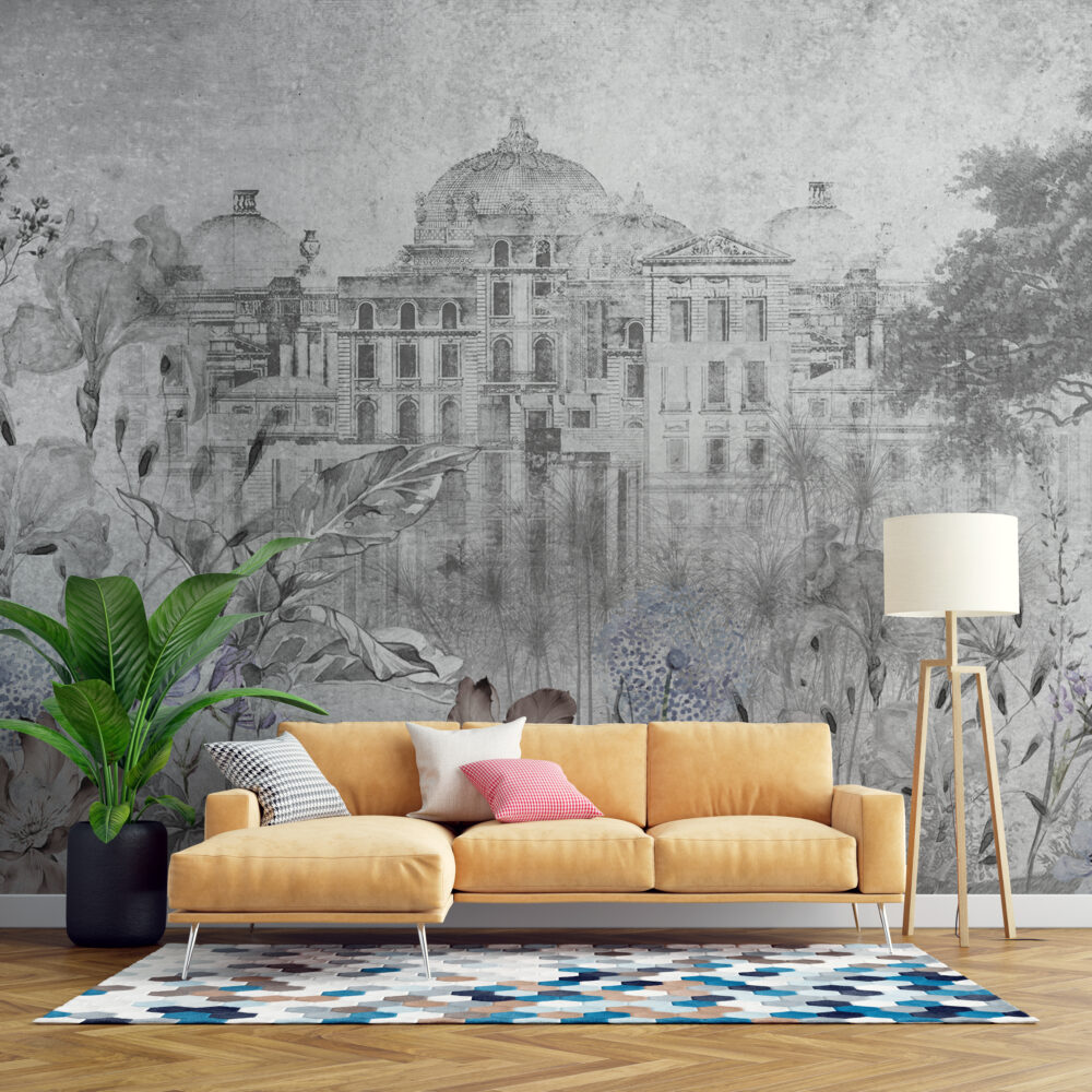 Faded Palace Garden Wallpaper : Grey Vintage Architecture Mural - View 5