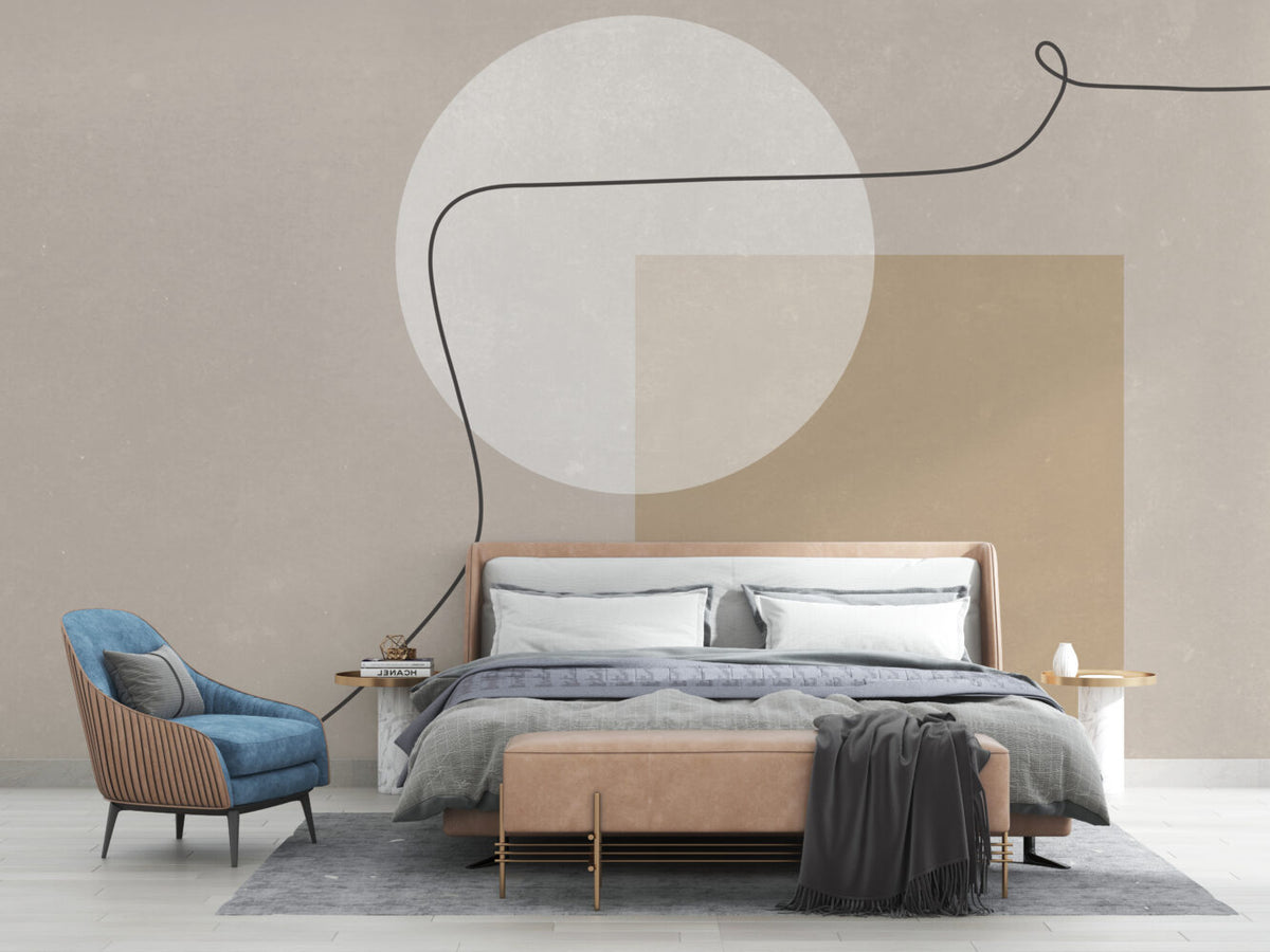 Beige Mid Century Shapes Wallpaper : Neutral Circle Line Mural - View 4