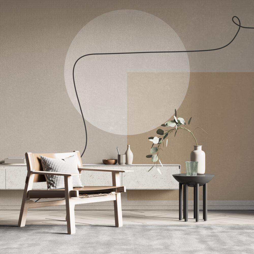 Beige Mid Century Shapes Wallpaper : Neutral Circle Line Mural