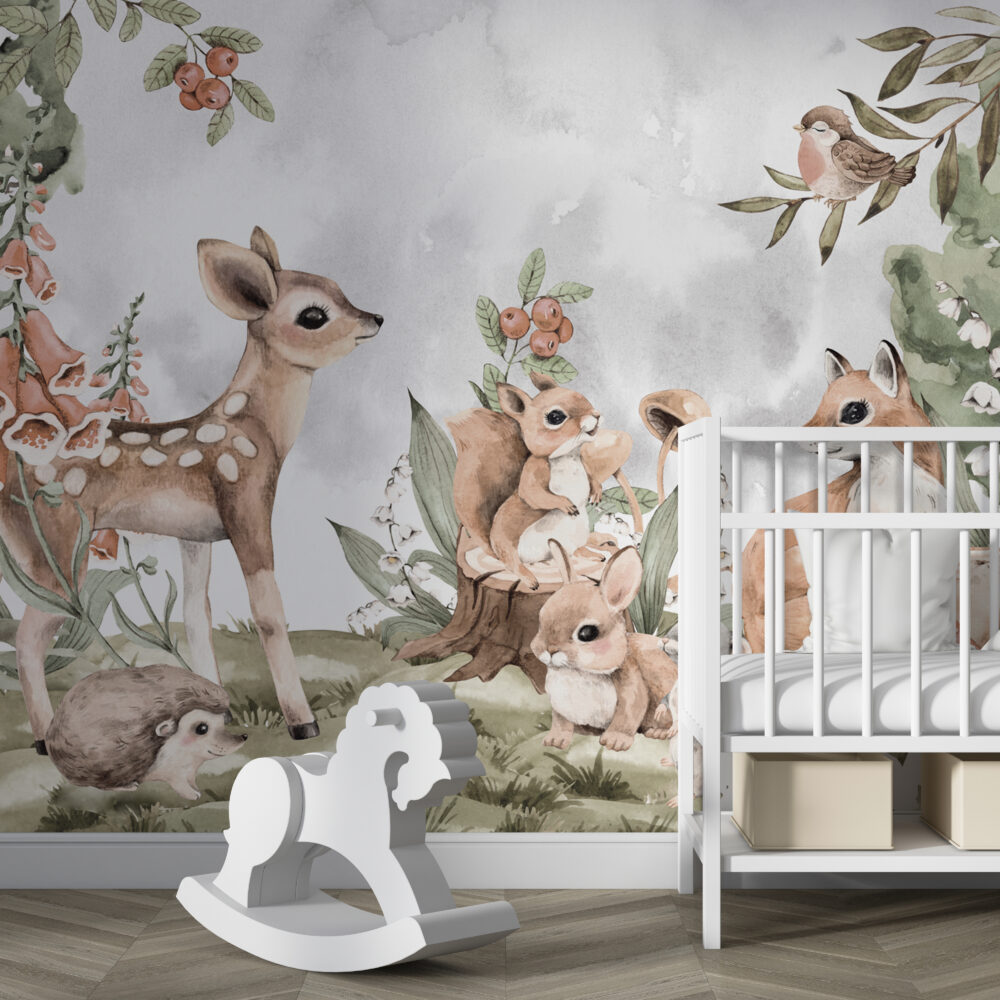 Woodland Babies Wallpaper : Watercolor Deer And Squirrel Mural - View 3