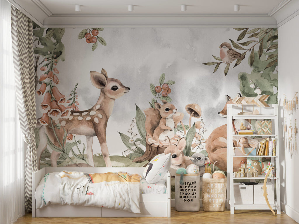 Woodland Babies Wallpaper : Watercolor Deer And Squirrel Mural - View 4