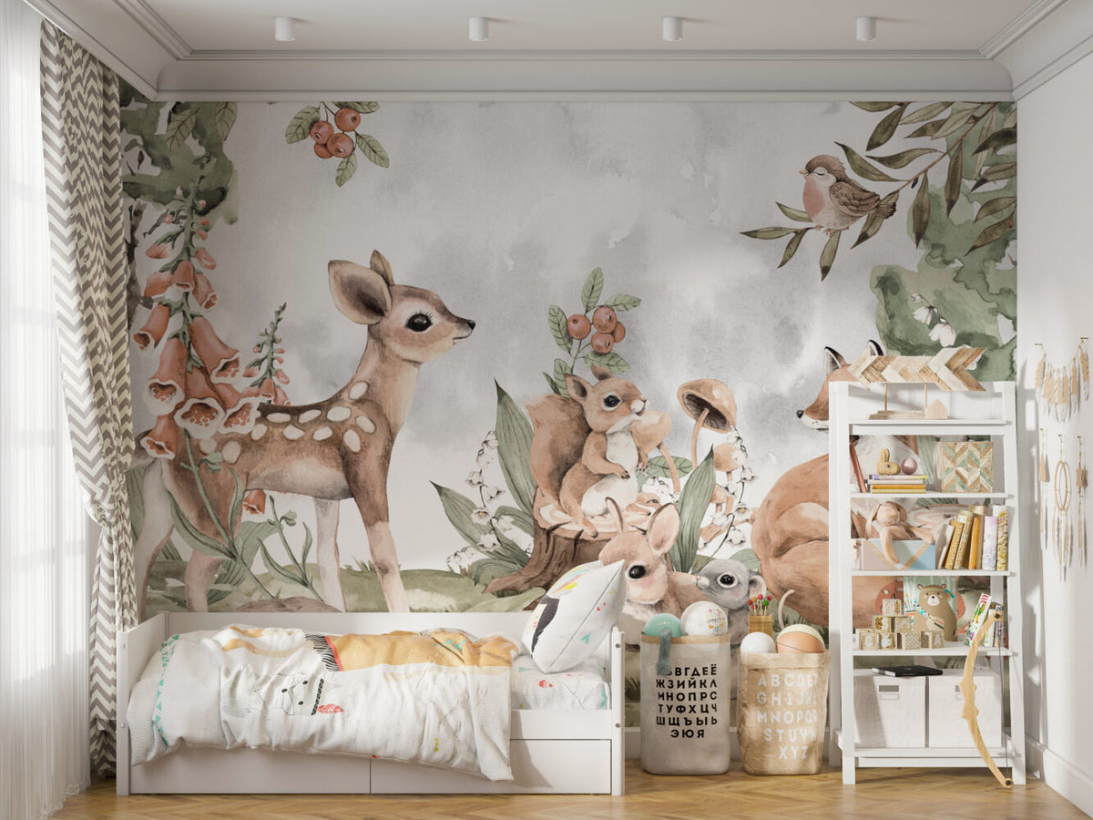 Woodland Babies Wallpaper : Watercolor Deer And Squirrel Mural - View 4