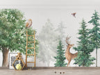 Watercolor Woodland Deer Wallpaper : Misty Forest Animals Mural