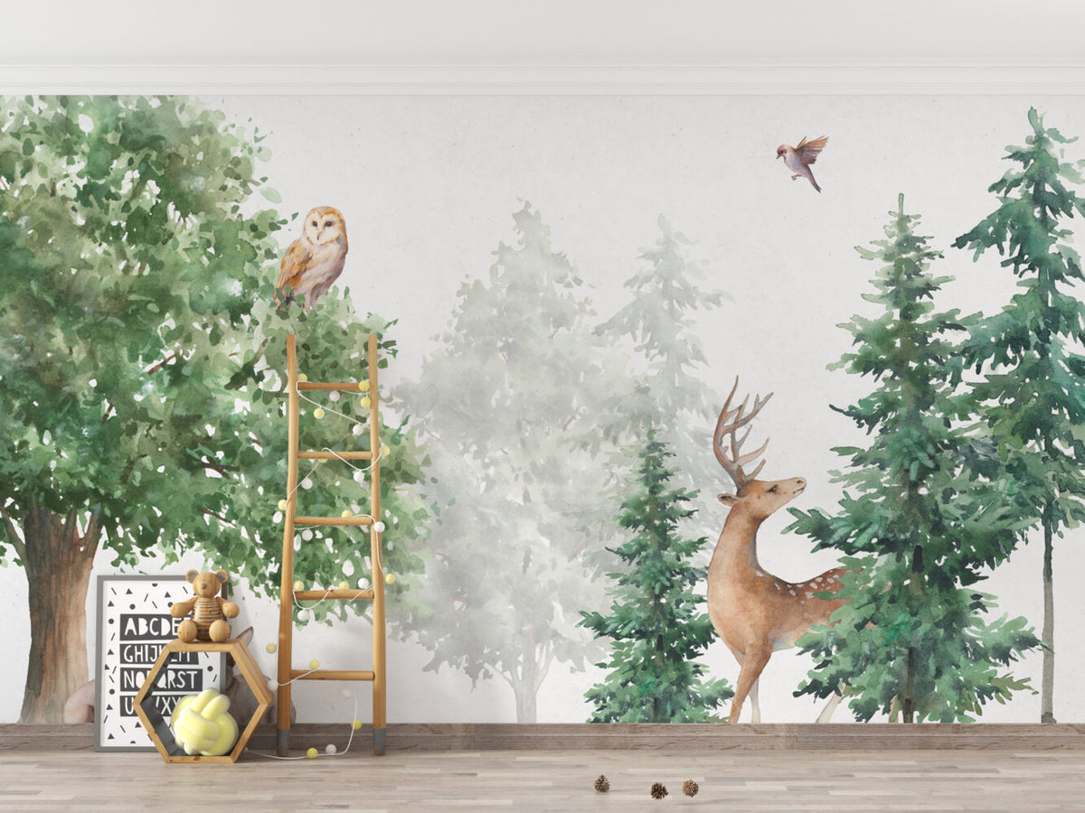 Watercolor Woodland Deer Wallpaper : Misty Forest Animals Mural