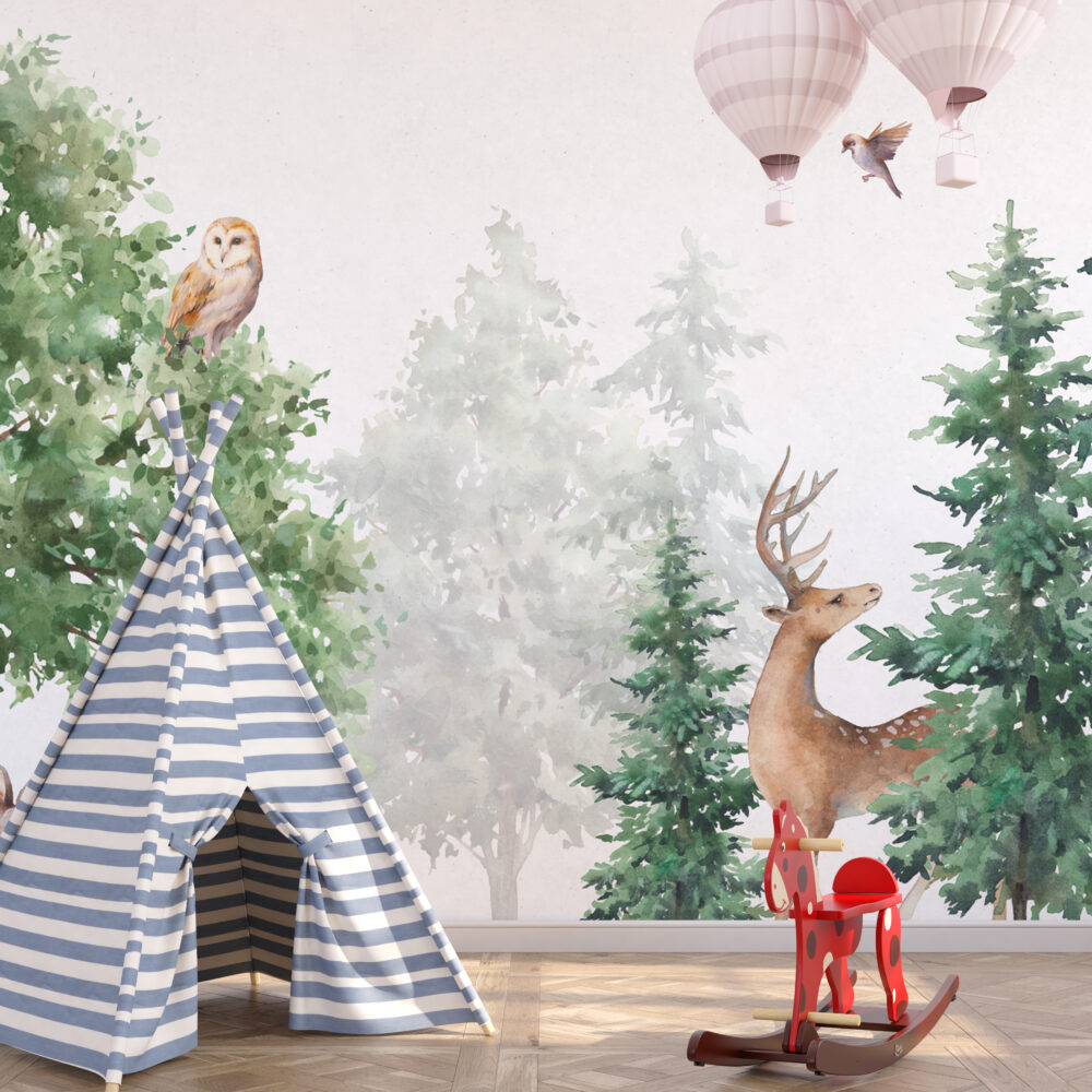 Watercolor Woodland Deer Wallpaper : Misty Forest Animals Mural - View 4