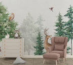 Watercolor Woodland Deer Wallpaper : Misty Forest Animals Mural - View 3