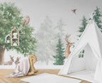 Watercolor Woodland Deer Wallpaper : Misty Forest Animals Mural - View 6