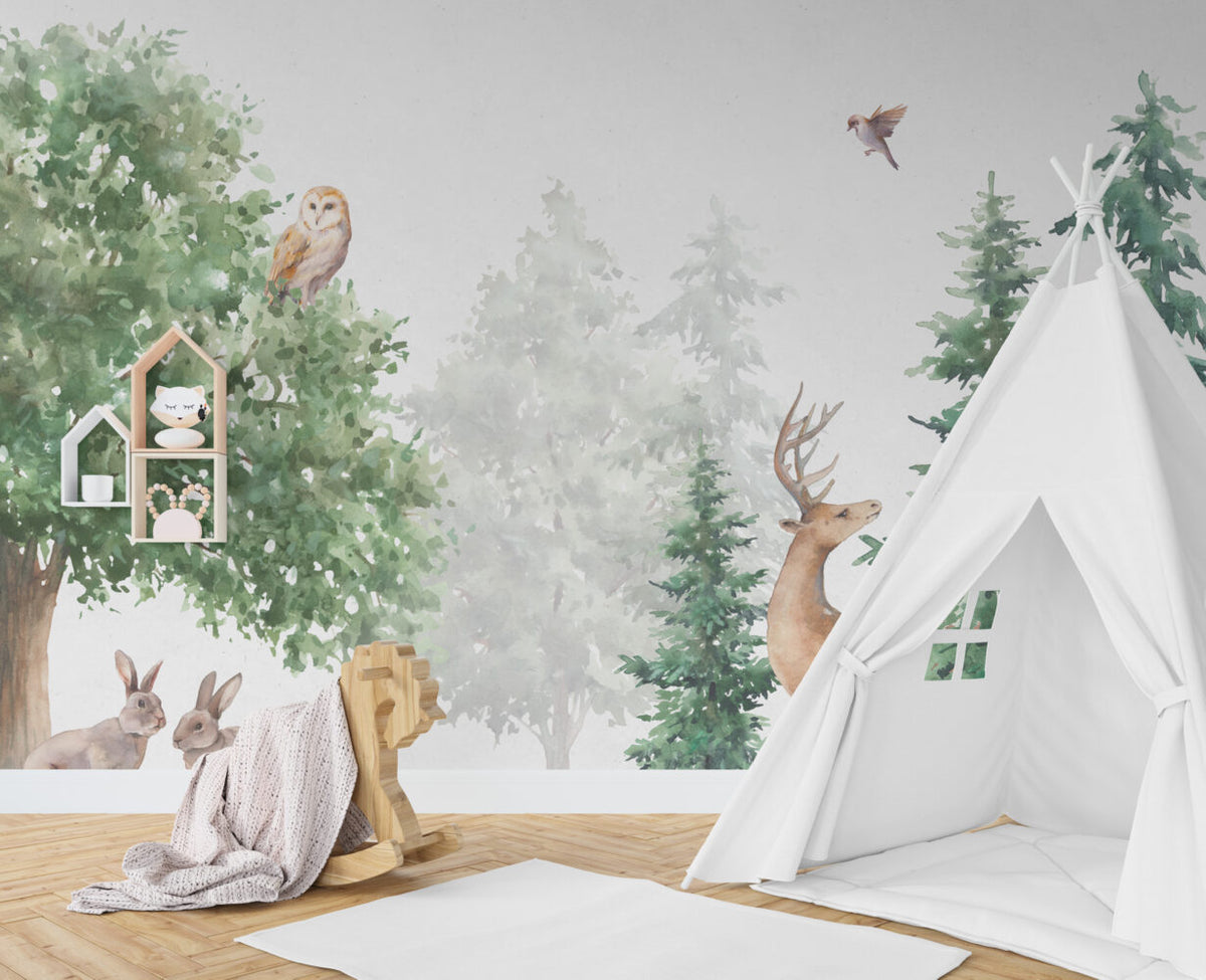 Watercolor Woodland Deer Wallpaper : Misty Forest Animals Mural - View 6