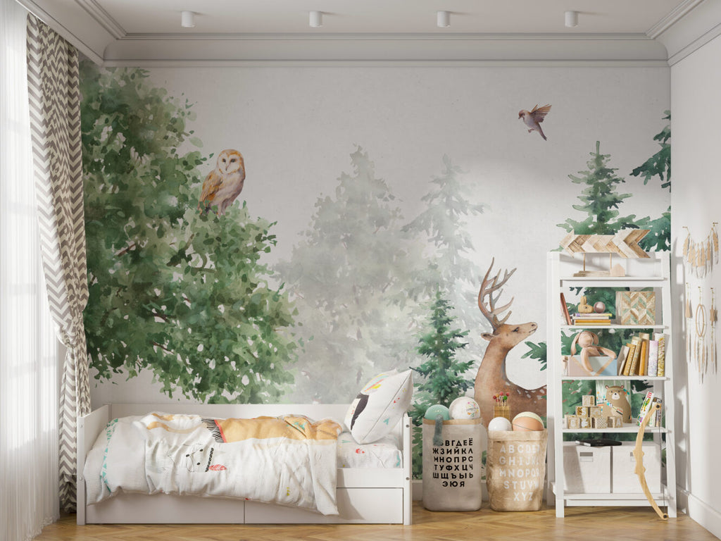 Watercolor Woodland Deer Wallpaper : Misty Forest Animals Mural - View 5