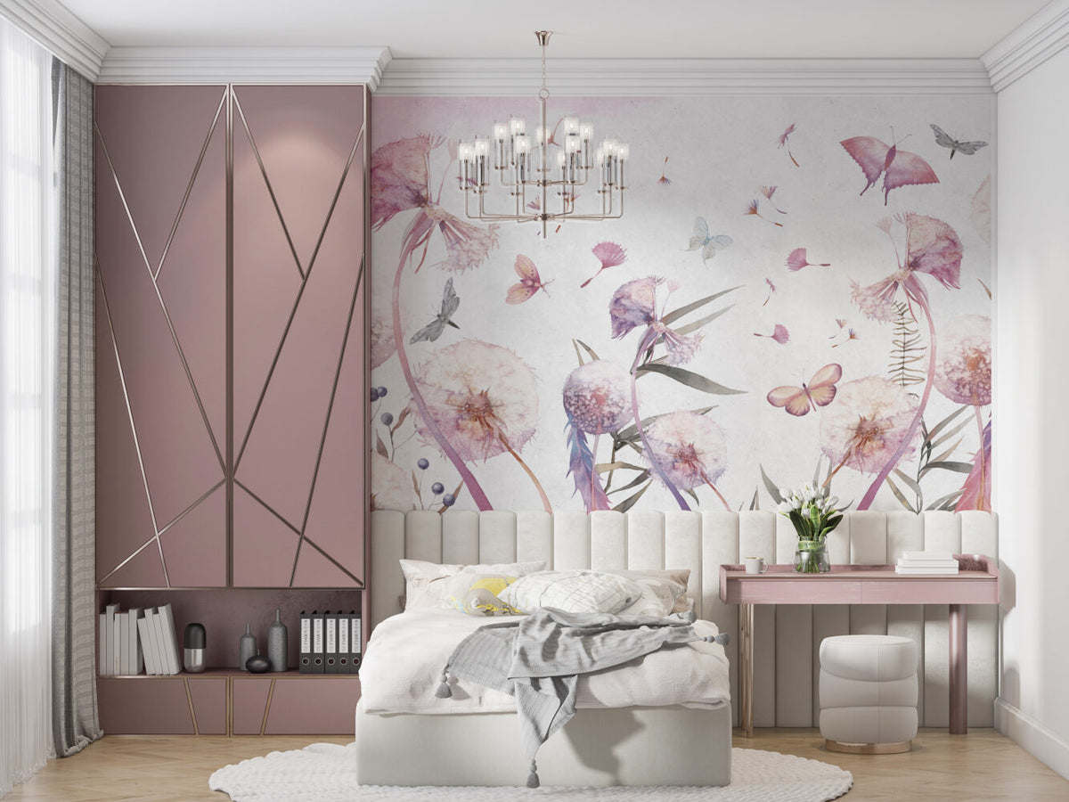 Pink Dandelion Wallpaper : Watercolor Floating Seeds Mural - View 6