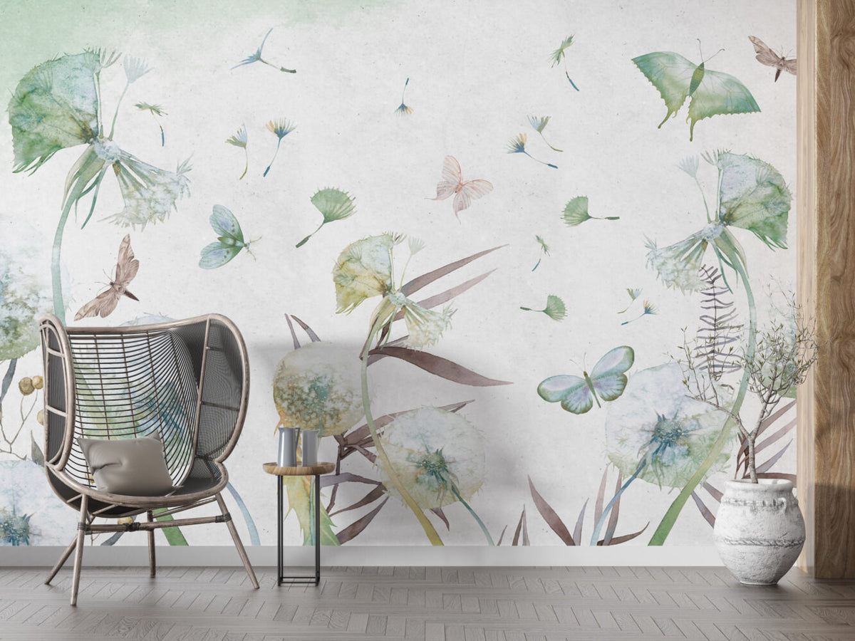 Green Dandelion Wallpaper : Watercolor Butterfly Seeds Mural - View 6