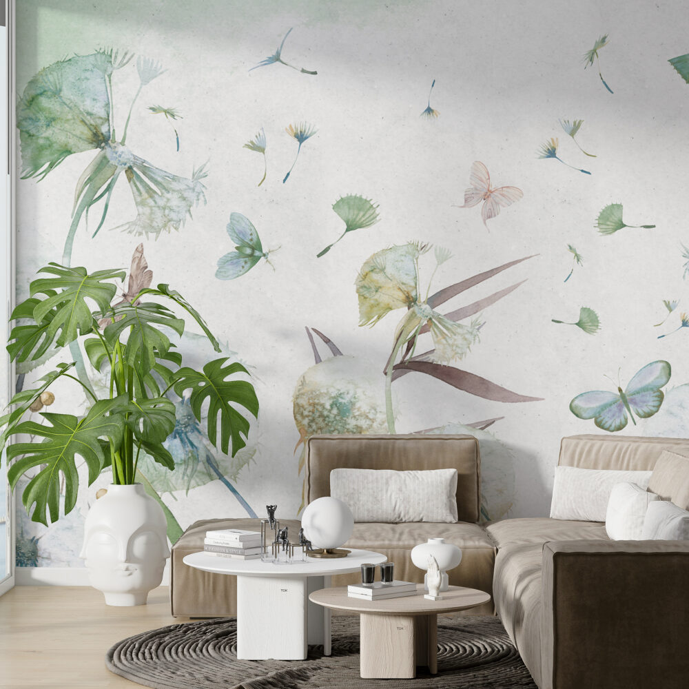 Green Dandelion Wallpaper : Watercolor Butterfly Seeds Mural