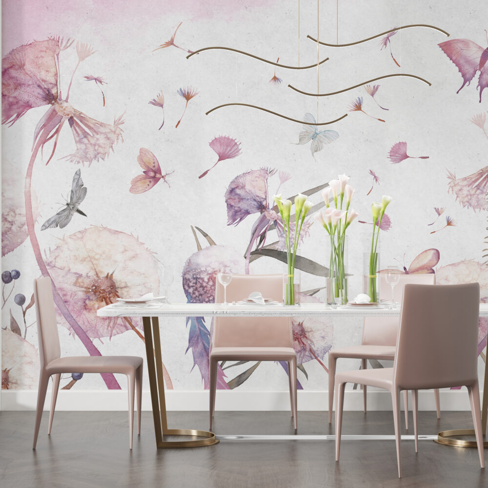 Pink Dandelion Wallpaper : Watercolor Floating Seeds Mural - View 4