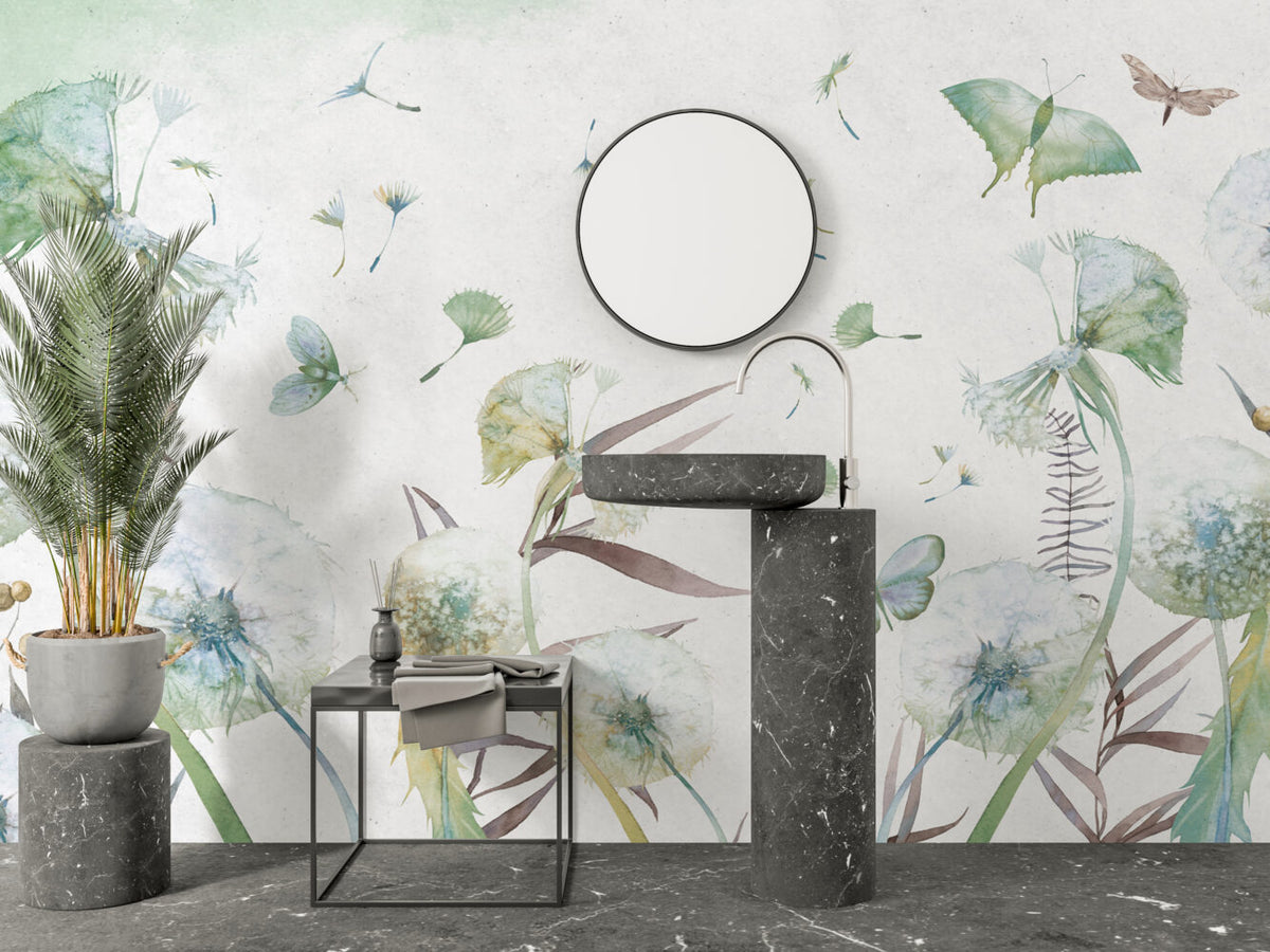 Green Dandelion Wallpaper : Watercolor Butterfly Seeds Mural - View 3