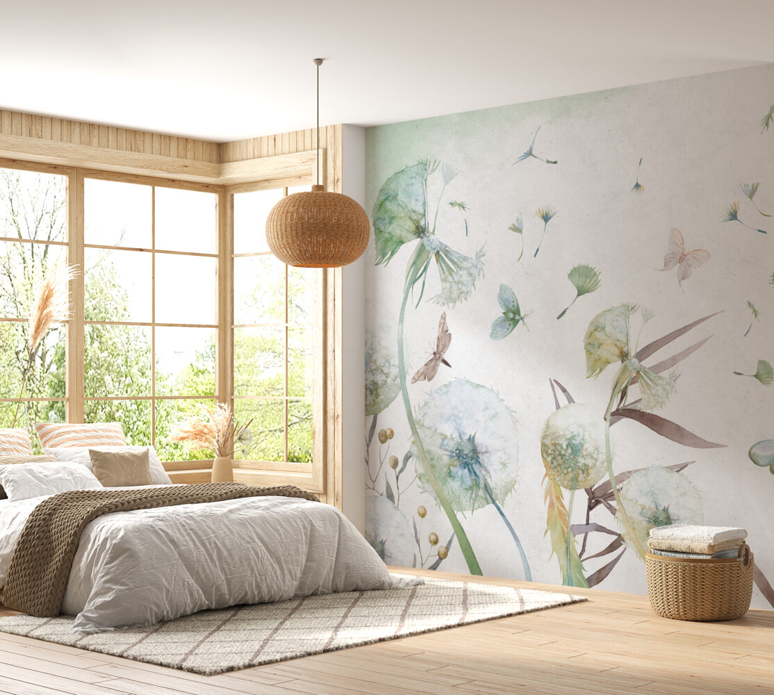 Green Dandelion Wallpaper : Watercolor Butterfly Seeds Mural - View 4
