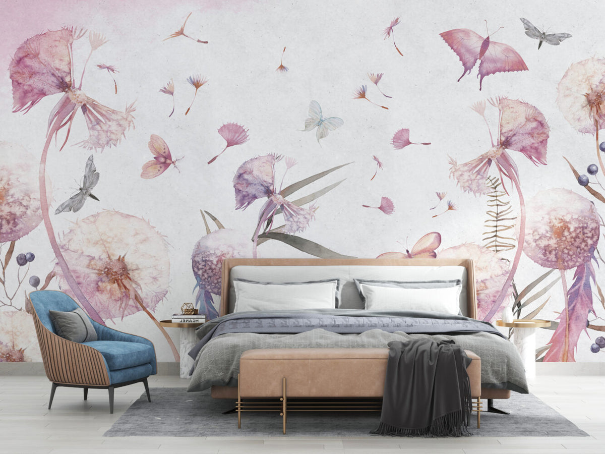 Pink Dandelion Wallpaper : Watercolor Floating Seeds Mural - View 5