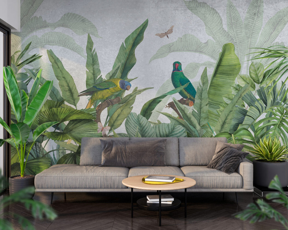 Tropical Parrot Wallpaper : Lush Banana Leaf Jungle Mural - View 6