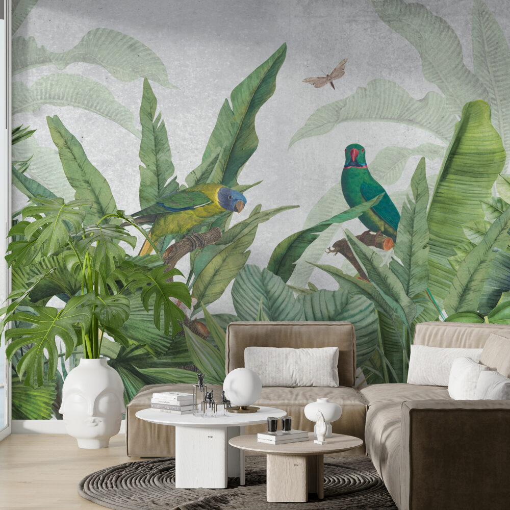 Tropical Parrot Wallpaper : Lush Banana Leaf Jungle Mural