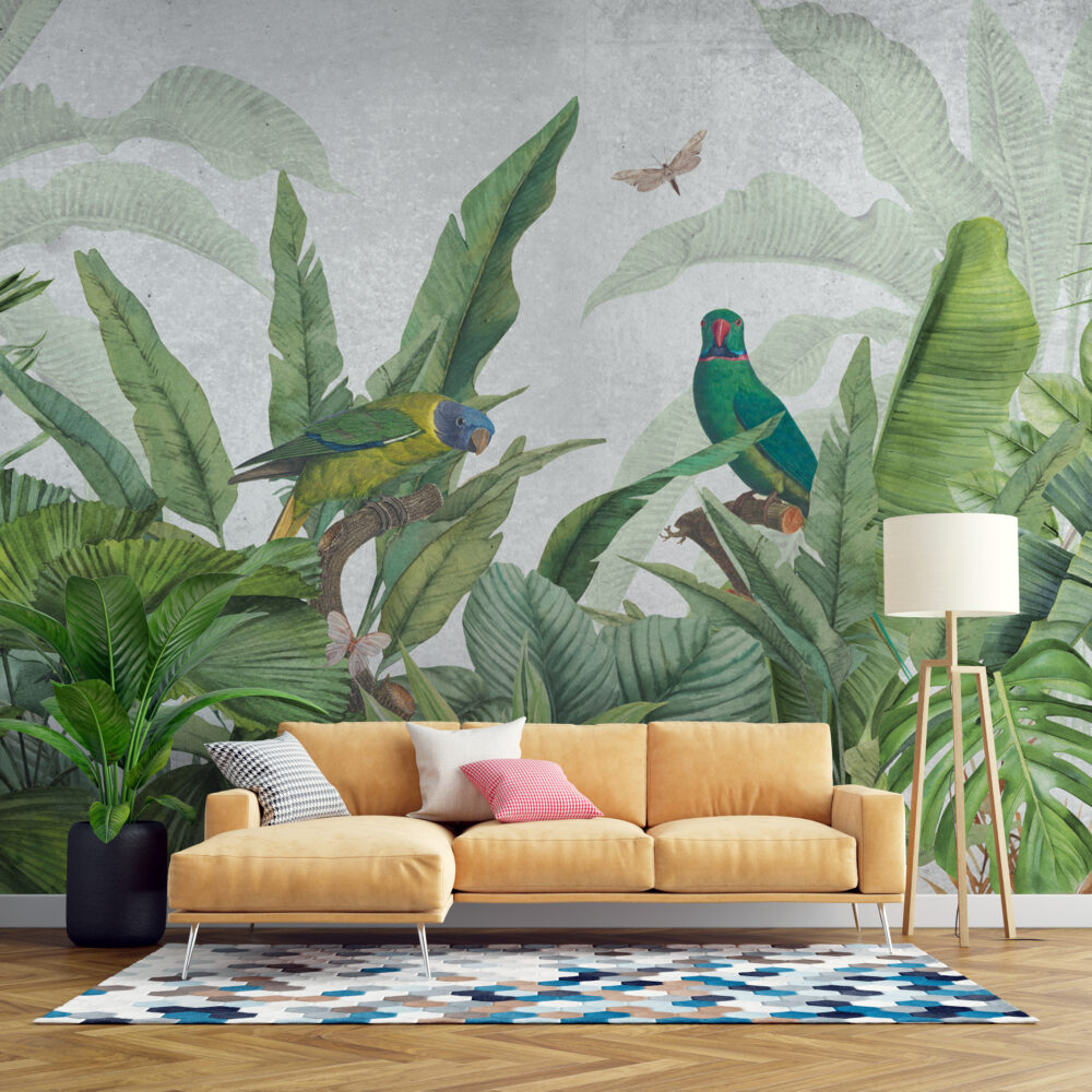 Tropical Parrot Wallpaper : Lush Banana Leaf Jungle Mural - View 3