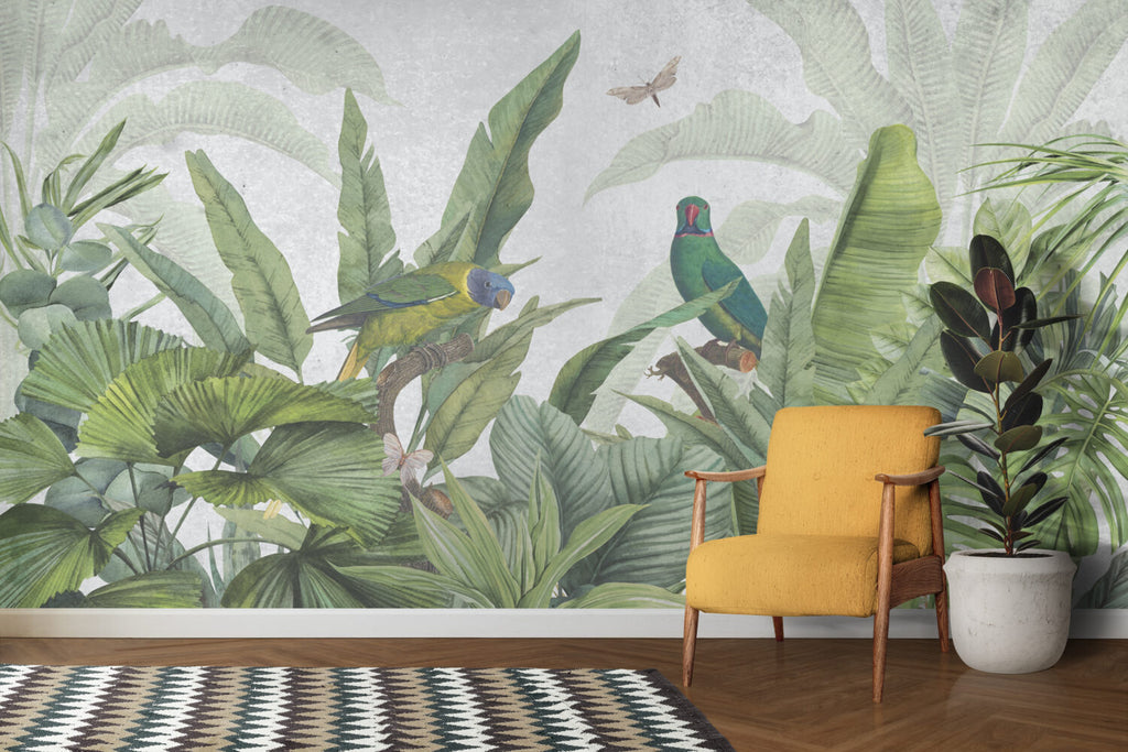 Tropical Parrot Wallpaper : Lush Banana Leaf Jungle Mural - View 4
