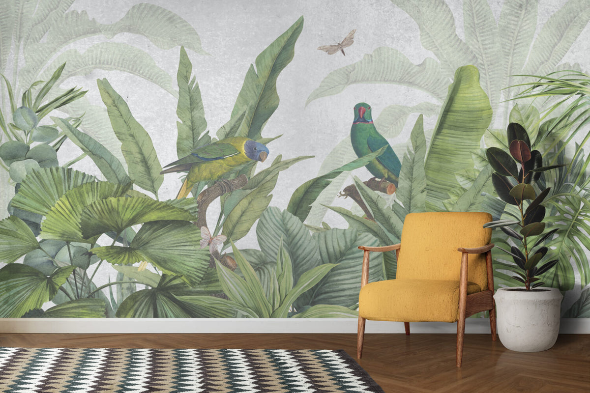 Tropical Parrot Wallpaper : Lush Banana Leaf Jungle Mural - View 4