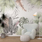 Soft Sage Monstera Wallpaper : Pastel Tropical Leaf Mural - View 5