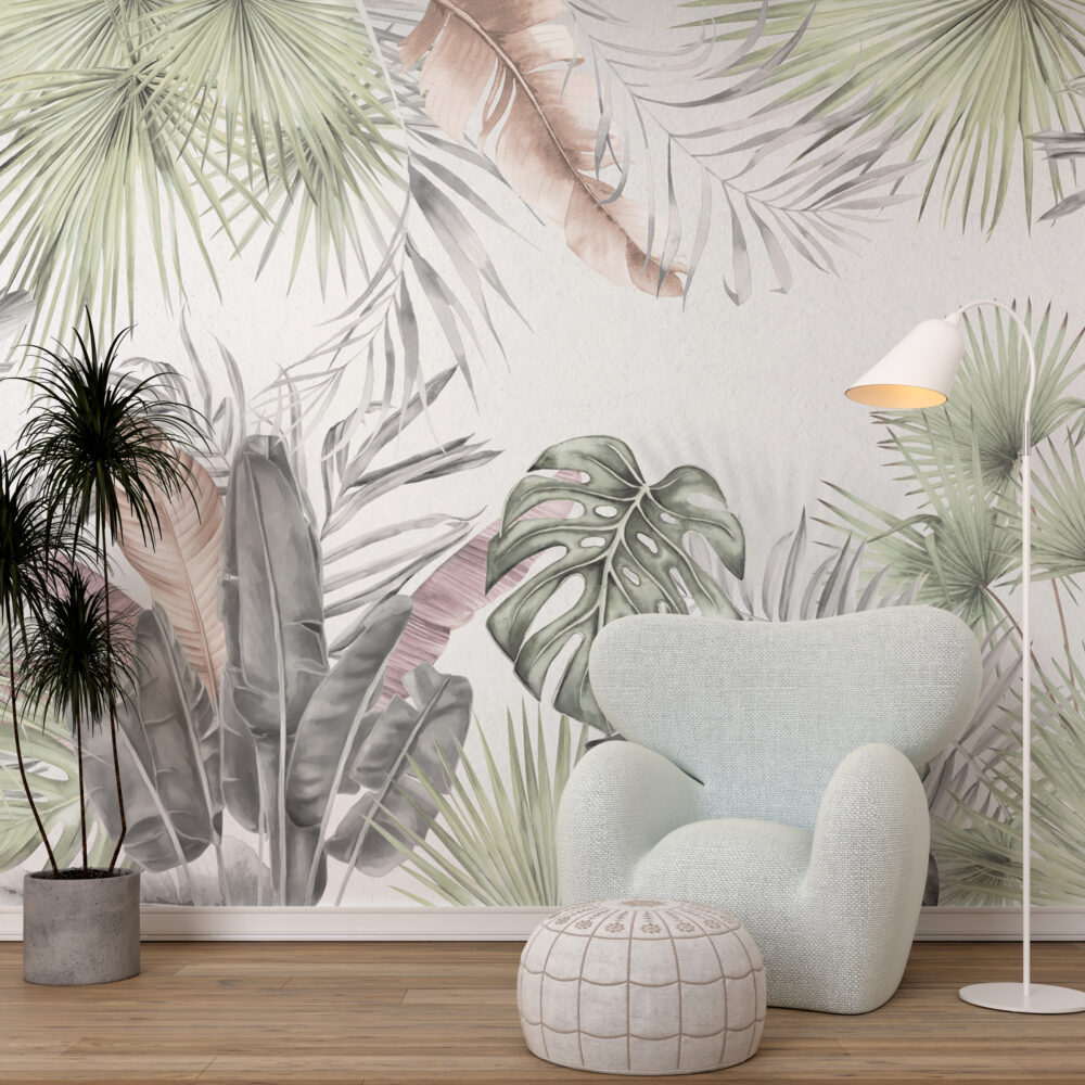 Soft Sage Monstera Wallpaper : Pastel Tropical Leaf Mural - View 5