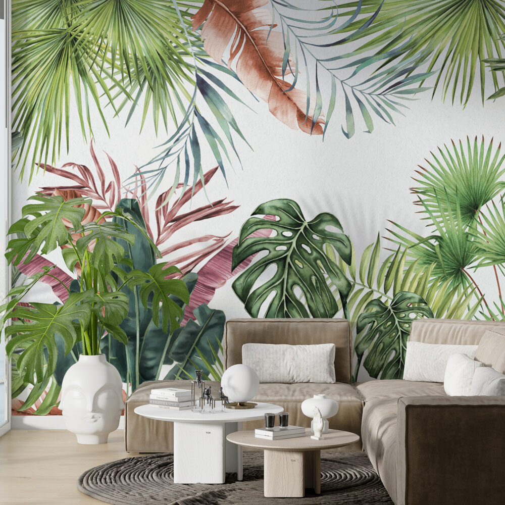 Pink And Green Monstera Wallpaper : Colourful Tropical Leaf Mural