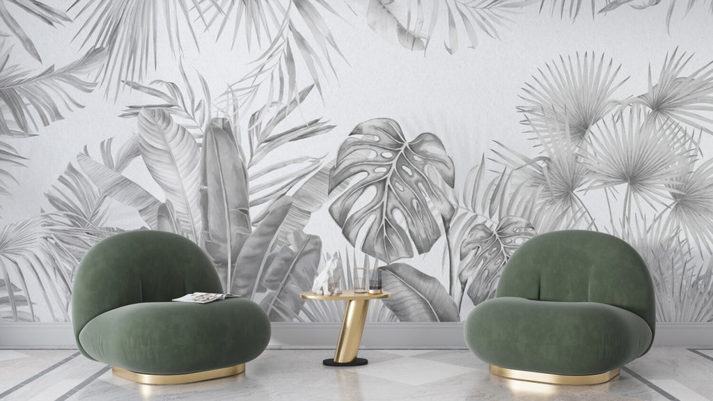 Black And White Monstera Wallpaper : Grey Tropical Leaf Mural - View 3