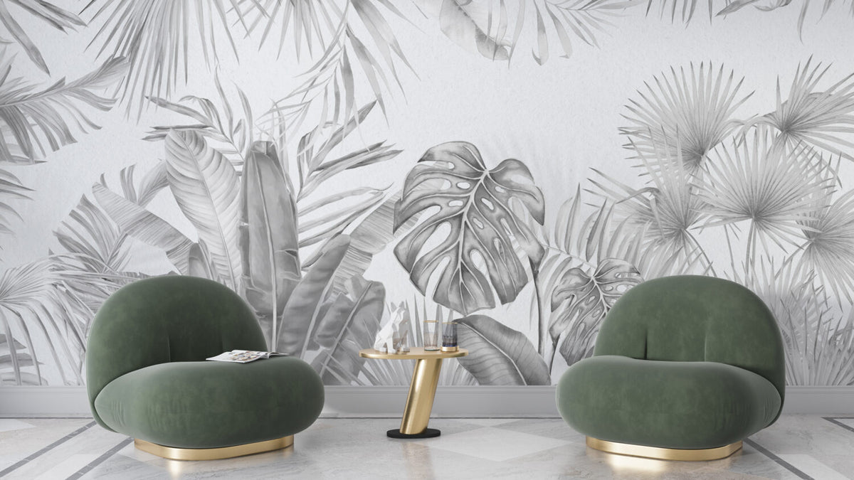 Black And White Monstera Wallpaper : Grey Tropical Leaf Mural - View 3