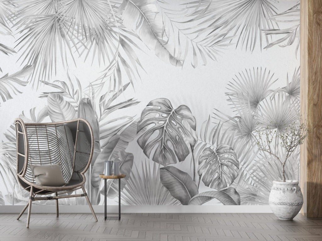 Black And White Monstera Wallpaper : Grey Tropical Leaf Mural - View 4